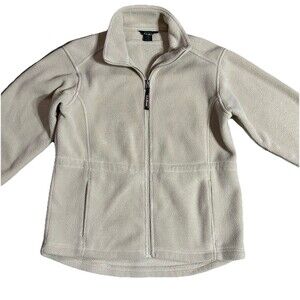 LL Bean Womens Fleece Jacket Cream Full-Zip Size Small Petite Waist Bungee